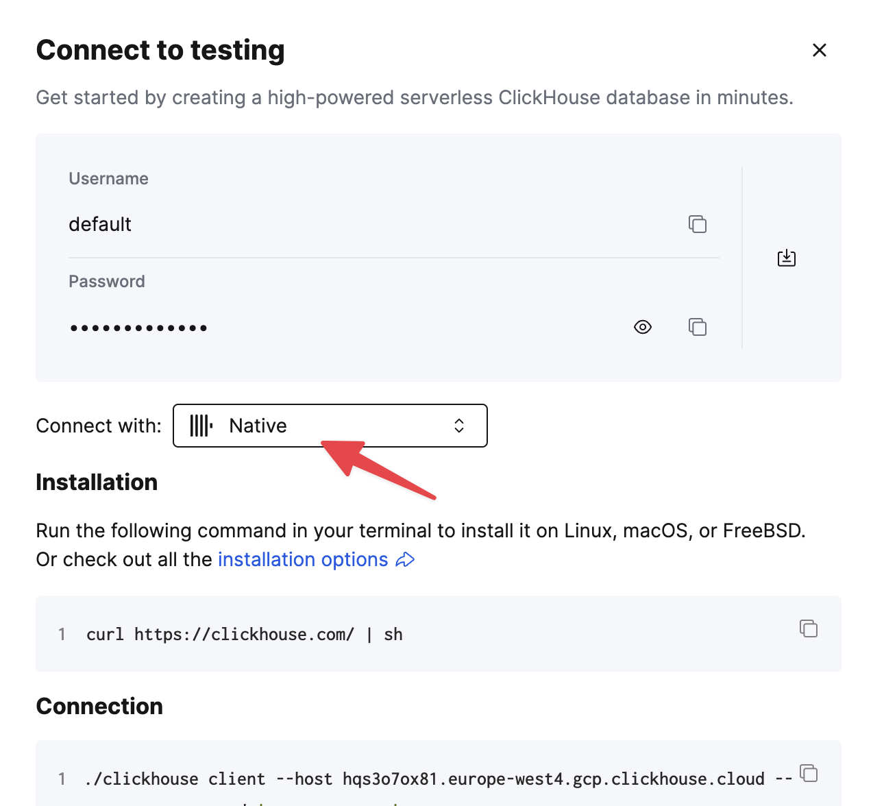 Сведения о подключении по Native TCP к ClickHouse Cloud