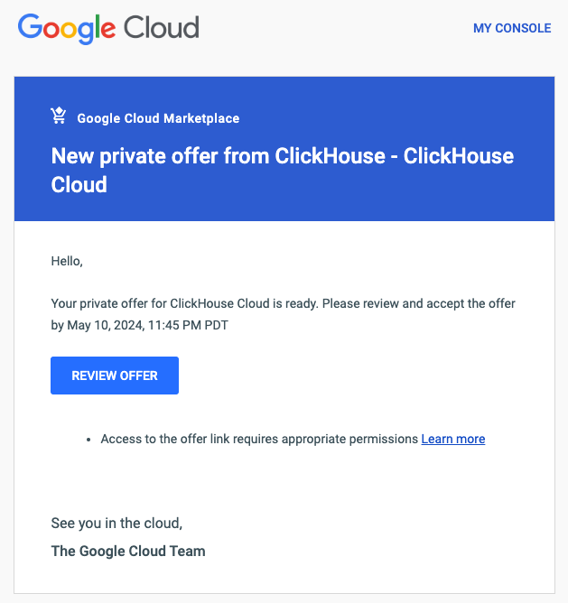 Письмо с индивидуальным предложением GCP Marketplace